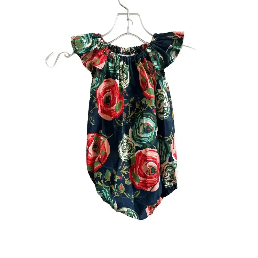 Cranky Peach Girls 6-12M Navy, Red, Green Floral Short Sleeve Cotton Onesie